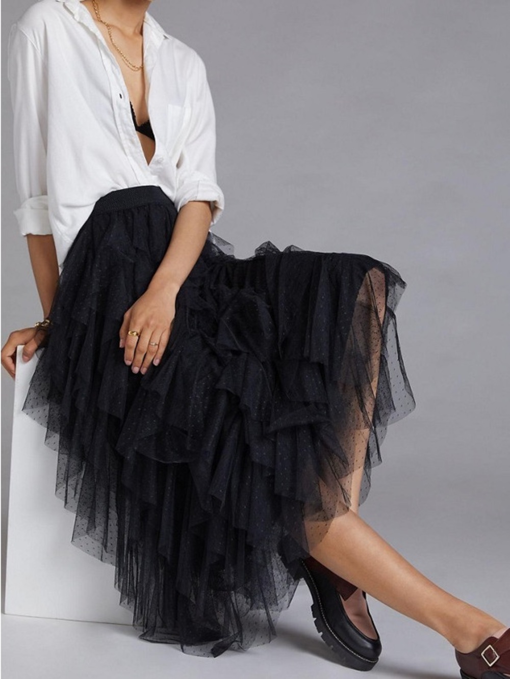 Anthropologie Black Tesia Ruffled Tulle Midi Skirt
